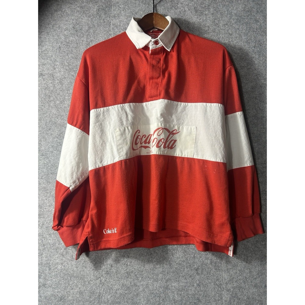 Vintage 80's Coca-Cola Spellout Rugby Shirt Men's Size MED Coke Is It Polo 90s